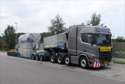 Marraffa, Scania R 650 mit Goldhofer 3-5 Tieflader und Trafo unter Plane